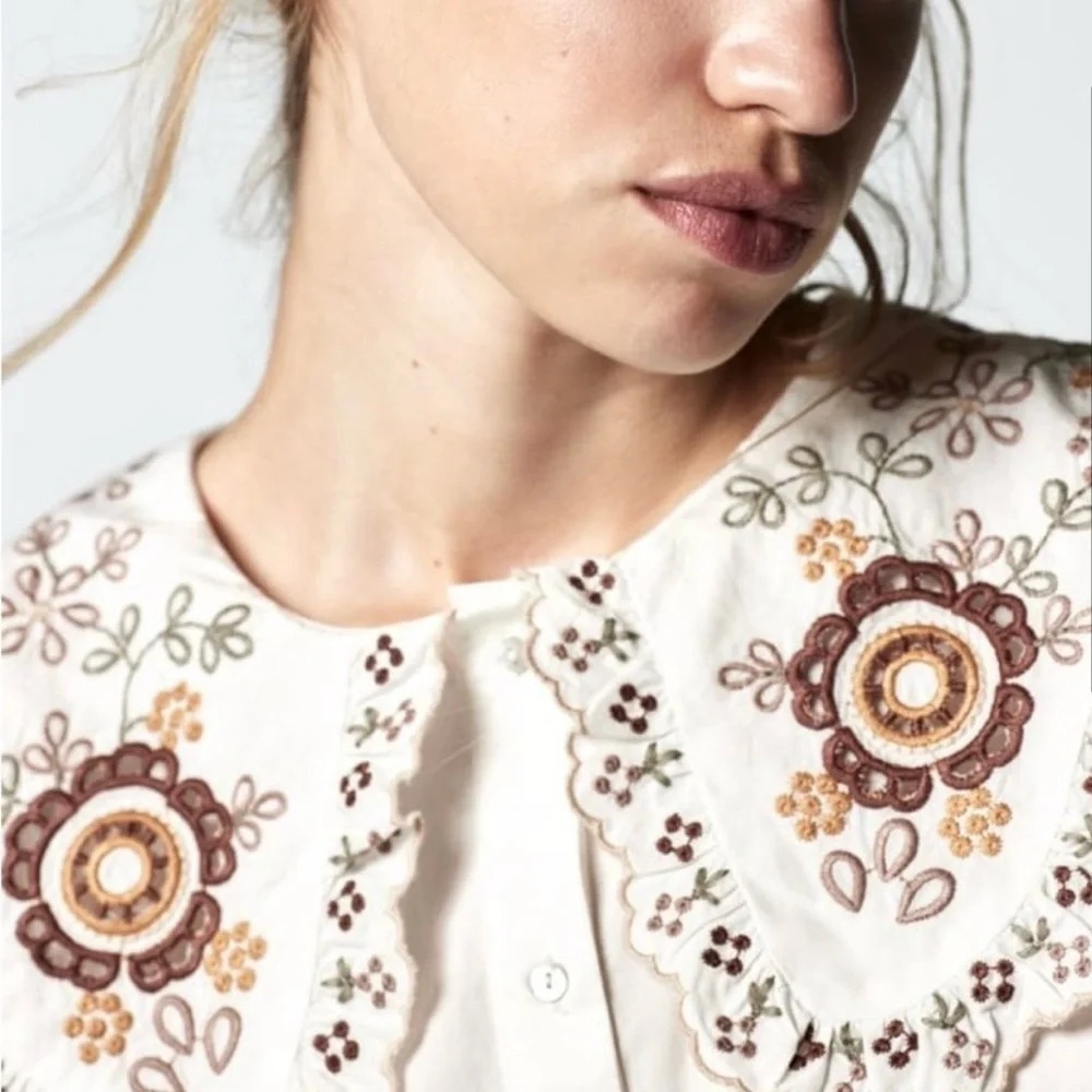 Zara Embroidered Poplin White Blouse with Floral Details size M - Picture 2 of 5